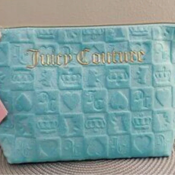 Juicy Couture Logo Travel Cosmetic Bag Teal Blue Makeup Case Y2K NEW - Picture 2 of 11